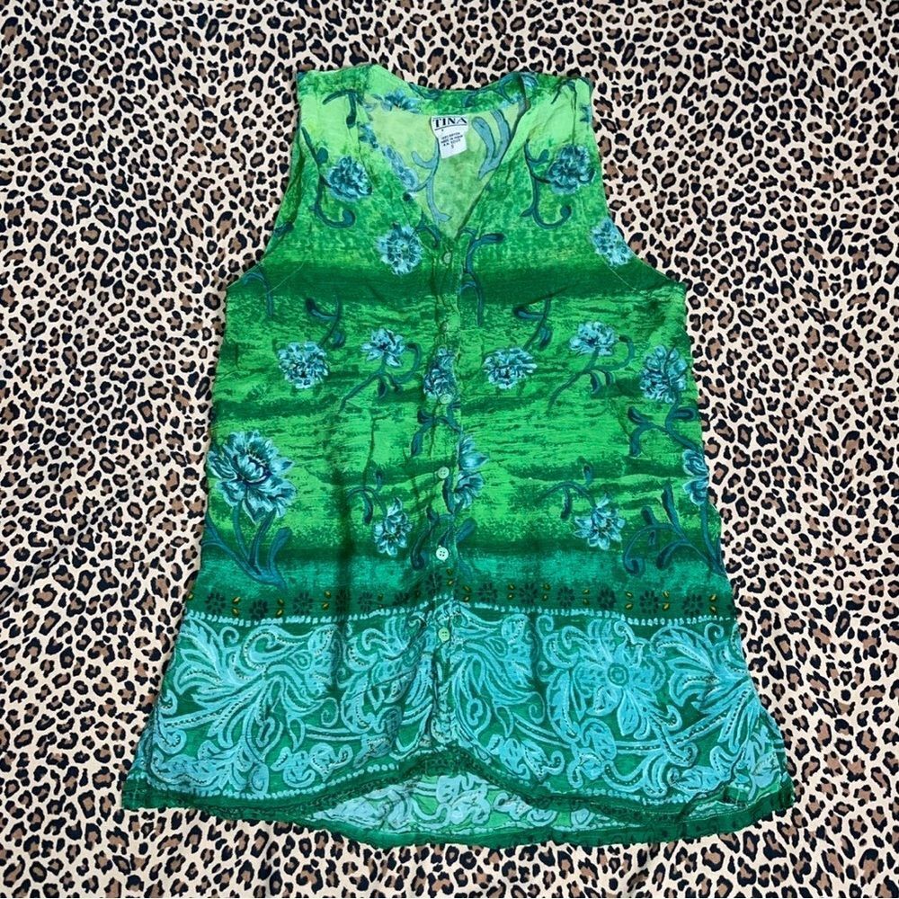 Vintage Tank Top Tunic Tropical Green Floral Small 80s Vacation Hippie Artsy